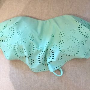 Teal strapless bikini top with floral cutouts